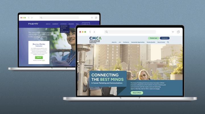 Two open laptops display different professional association websites with blue-themed interfaces, placed side by side against a faded blue gradient background.