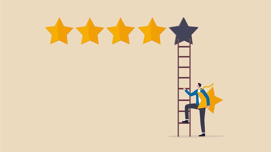 Illustration of a person climbing a ladder towards a set of five stars. Four stars are yellow, and the fifth star, at the top of the ladder, is gray. The person is placing the gray star among the yellow ones.